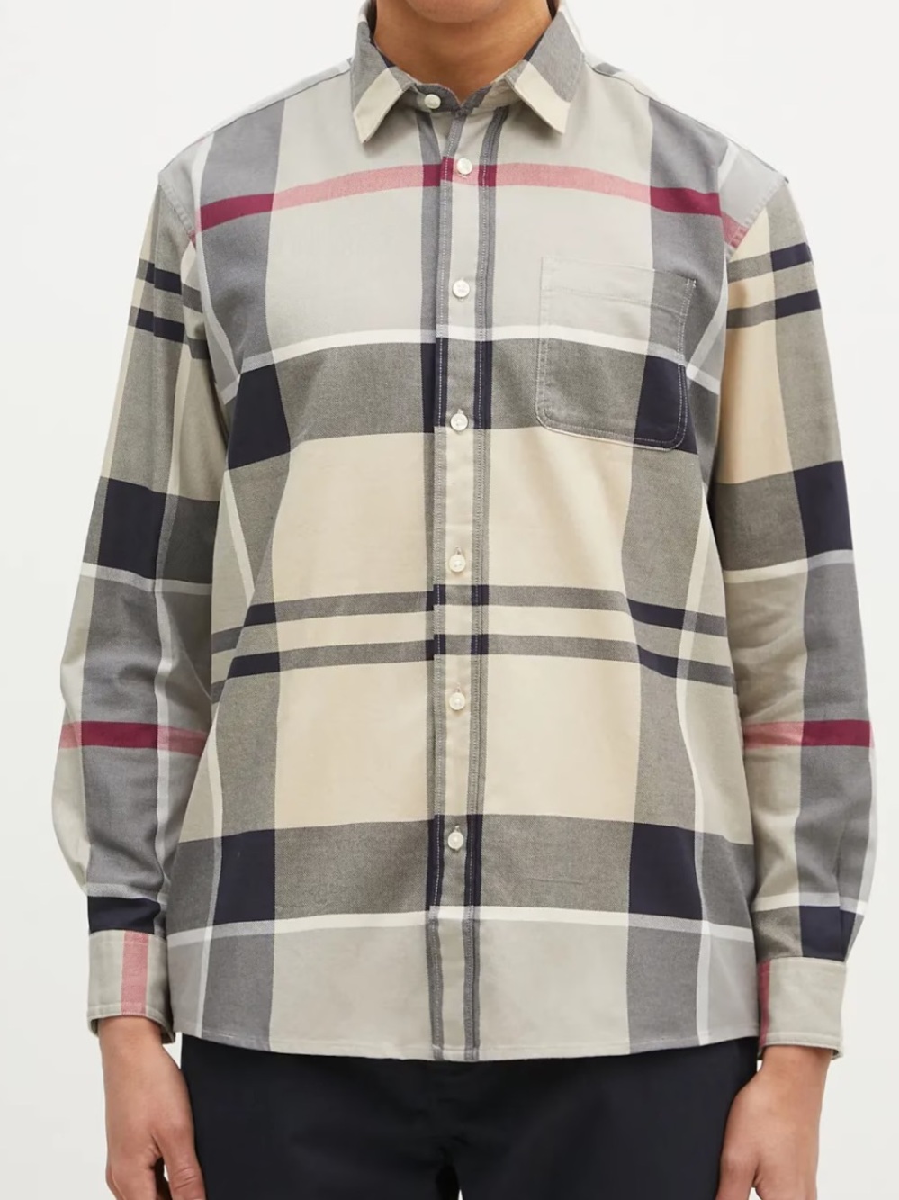 Barbour Beige and Gray Plaid Button-Down Shirt with Red Accents! L